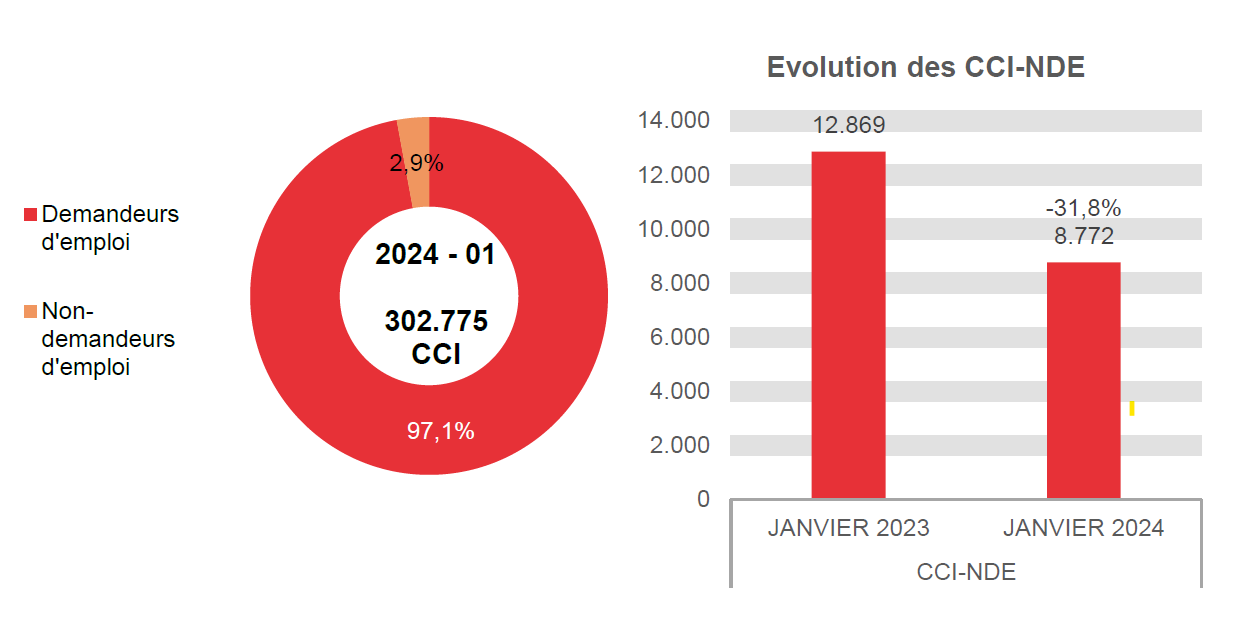 202.401 CCI en 2024 - 01: 294.003 (97,1%) demandeurs d'emploi et 8.772 (2,9%) non-demandeurs d'emploi	Evolution des CCI-NDE: 12.869 en JANVIER 2023 et 8.772 en JANVIER 2024 (-31,8%)