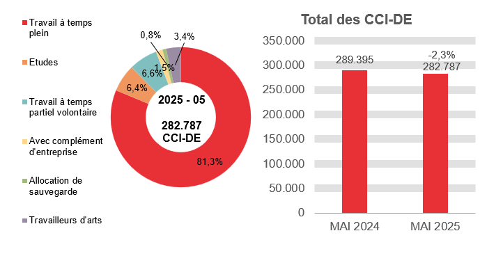 282.787 CCI-DE en 2025 - 05: 81,3% travail à temps plein, 6,4% etudes, 6,6% travail à temps partiel volontaire, 1,5% avec complément d'entreprise, 0,8% allocation de sauvegarde et 3,4% travailleurs d'arts.	Total des CCI-DE: 289.395 en MAI 2024 et 282.787 en MAI 2025 (-2,3%)