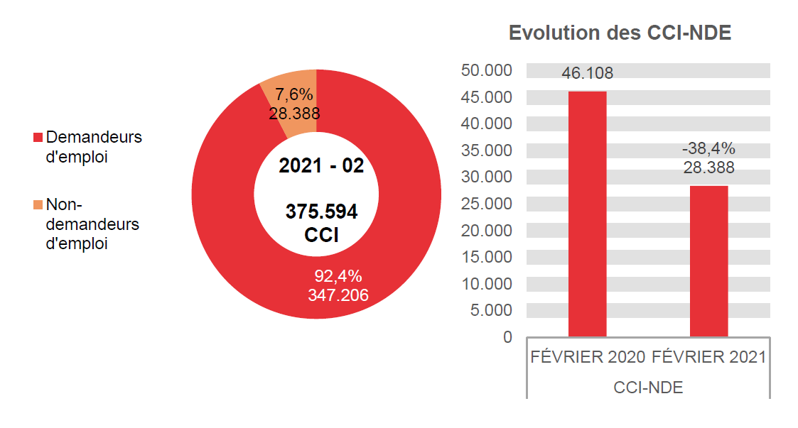 202.102 CCI en 2021 - 02: 347.206 (92,4%) demandeurs d'emploi et 28.388 (7,6%) non-demandeurs d'emploi	Evolution des CCI-NDE: 46.108 en FÉVRIER 2020 et 28.388 en FÉVRIER 2021 (-38,4%)