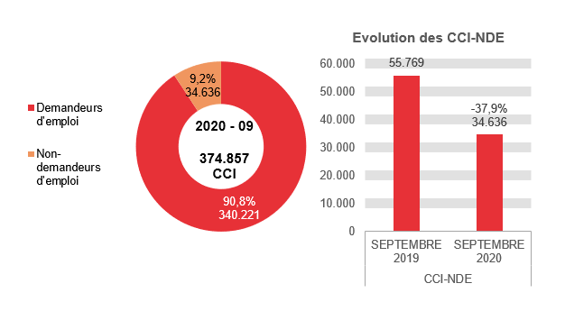 202.009 CCI en 2020 - 09: 340.221 (90,8%) demandeurs d'emploi et 34.636 (9,2%) non-demandeurs d'emploi	Evolution des CCI-NDE: 55.769 en SEPTEMBRE 2019 et 34.636 en SEPTEMBRE 2020 (-37,9%)