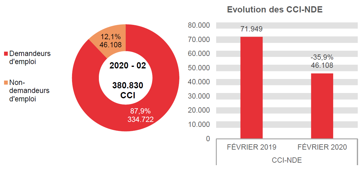 202.002 CCI en 2020 - 02: 334.722 (87,9%) demandeurs d'emploi et 46.108 (12,1%) non-demandeurs d'emploi	Evolution des CCI-NDE: 71.949 en FÉVRIER 2019 et 46.108 en FÉVRIER 2020 (-35,9%)