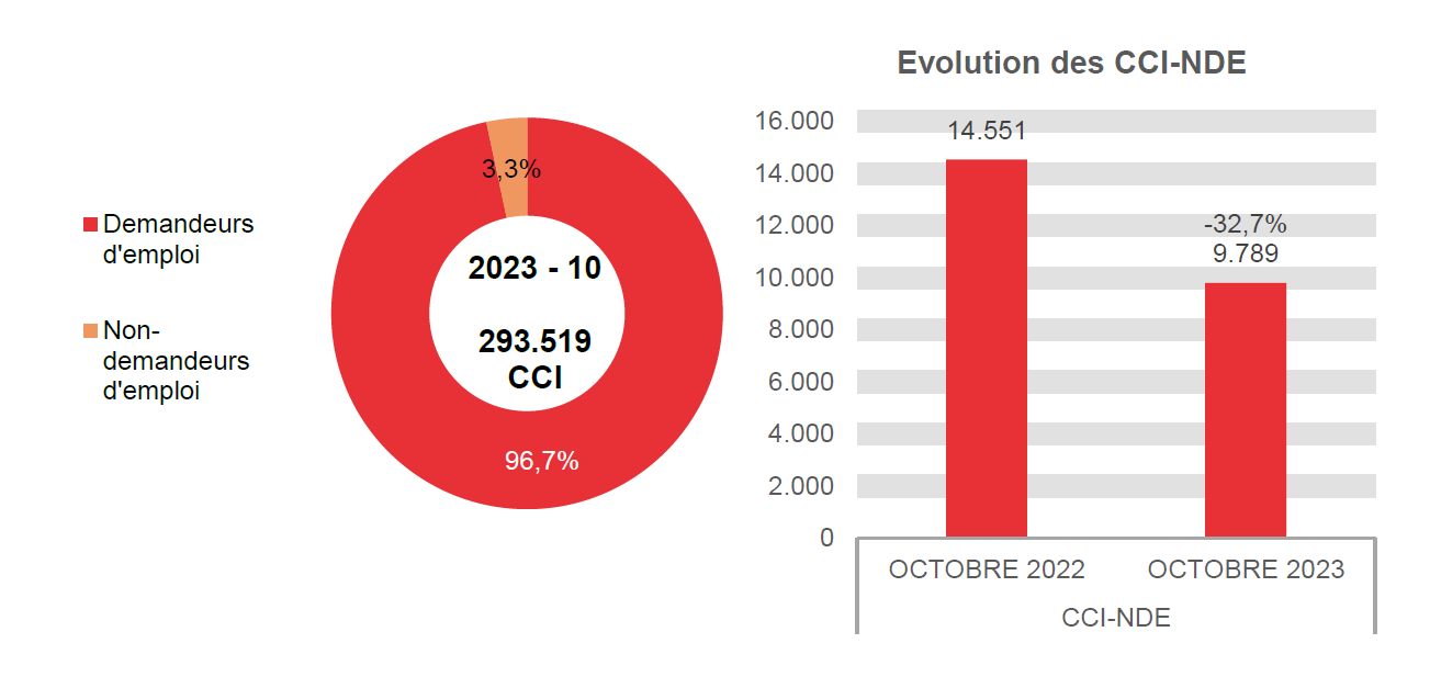 202.310 CCI en 2023 - 10: 283.730 (96,7%) demandeurs d'emploi et 9.789 (3,3%) non-demandeurs d'emploi	Evolution des CCI-NDE: 14.551 en OCTOBRE 2022 et 9.789 en OCTOBRE 2023 (-32,7%)