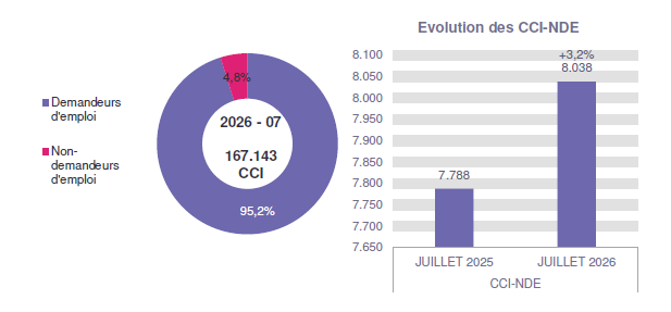 CCI en 2026 - 07: 159.105 (95,2%) demandeurs d'emploi et 8.038 (4,8%) non-demandeurs d'emploi Evolution des CCI-NDE: 7.788 en JUILLET 2025 et 8.038 en JUILLET 2026 (+3,2%)