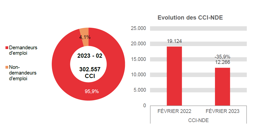 202.302 CCI en 2023 - 02: 290.291 (95,9%) demandeurs d'emploi et 12.266 (4,1%) non-demandeurs d'emploi	Evolution des CCI-NDE: 19.124 en FÉVRIER 2022 et 12.266 en FÉVRIER 2023 (-35,9%)
