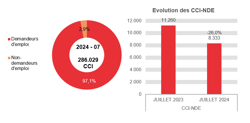 202.407 CCI en 2024 - 07: 277.696 (97,1%) demandeurs d'emploi et 8.333 (2,9%) non-demandeurs d'emploi	Evolution des CCI-NDE: 11.260 en JUILLET 2023 et 8.333 en JUILLET 2024 (-26,0%)