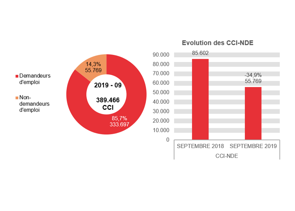 201.909 CCI en 2019 - 09: 333.697 (85,7%) demandeurs d'emploi et 55.769 (14,3%) non-demandeurs d'emploi	Evolution des CCI-NDE: 85.602 en SEPTEMBRE 2018 et 55.769 en SEPTEMBRE 2019 (-34,9%)