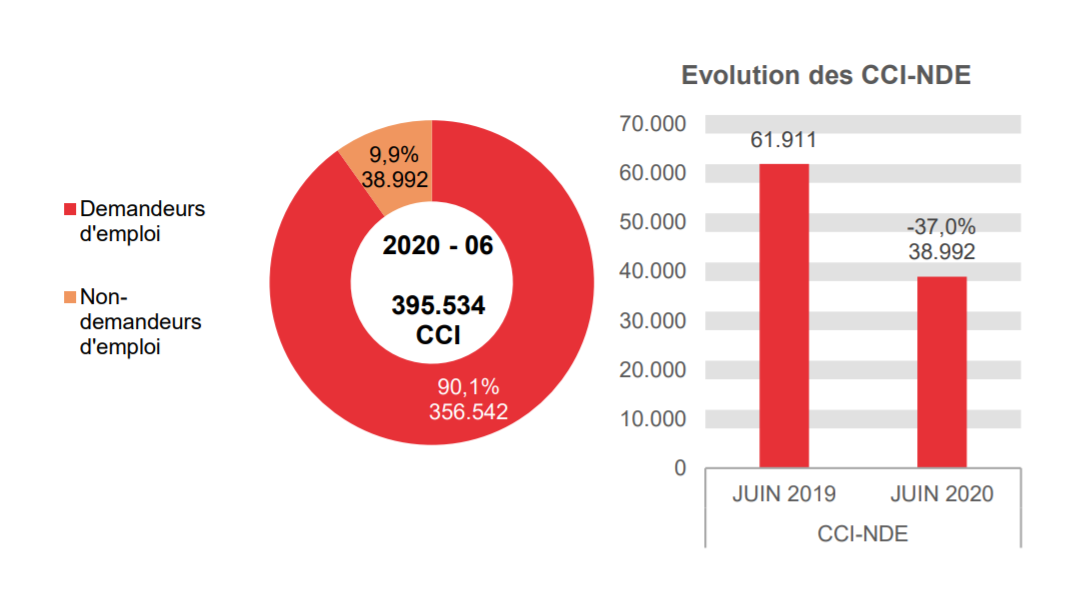 202.006 CCI en 2020 - 06: 356.542 (90,1%) demandeurs d'emploi et 38.992 (9,9%) non-demandeurs d'emploi	Evolution des CCI-NDE: 61.911 en JUIN 2019 et 38.992 en JUIN 2020 (-37,0%)