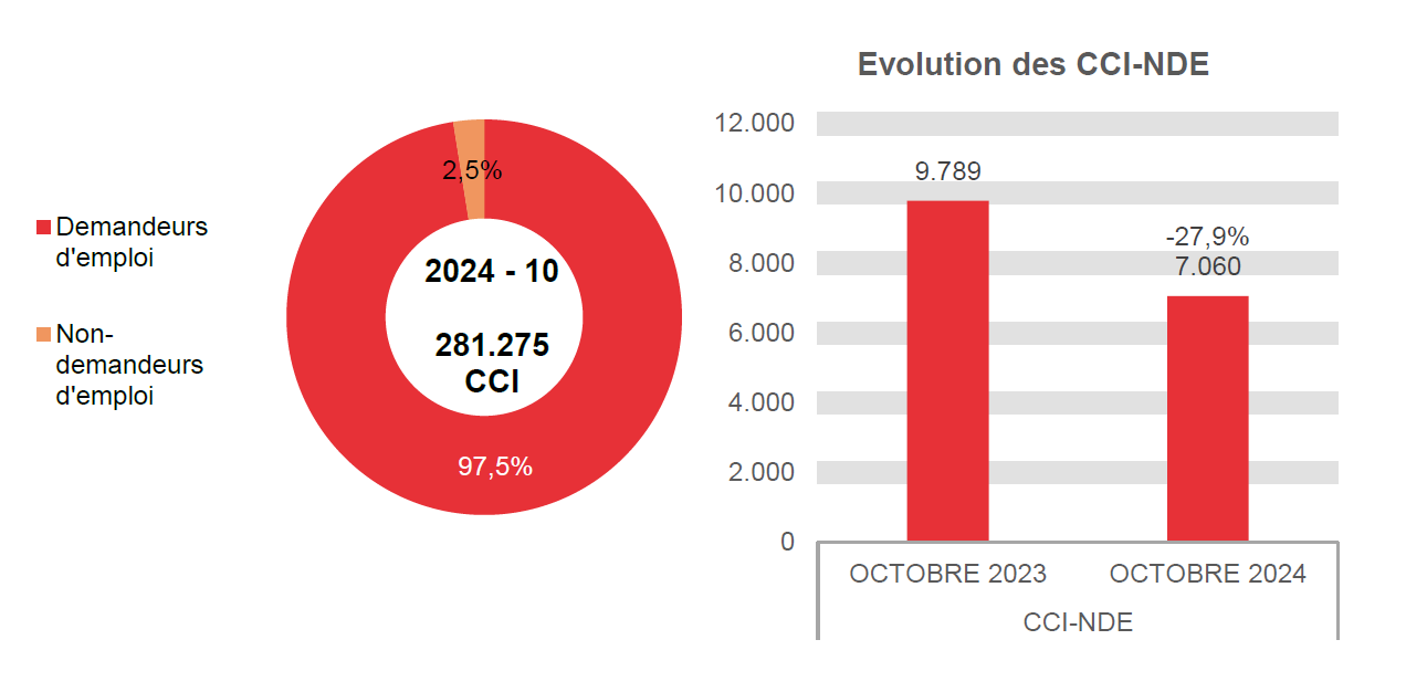 202.410 CCI en 2024 - 10: 274.215 (97,5%) demandeurs d'emploi et 7.060 (2,5%) non-demandeurs d'emploi	Evolution des CCI-NDE: 9.789 en OCTOBRE 2023 et 7.060 en OCTOBRE 2024 (-27,9%)