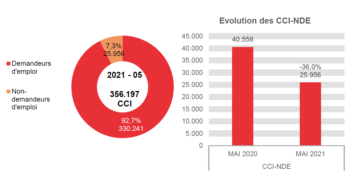 202.105 CCI en 2021 - 05: 330.241 (92,7%) demandeurs d'emploi et 25.956 (7,3%) non-demandeurs d'emploi	Evolution des CCI-NDE: 40.558 en MAI 2020 et 25.956 en MAI 2021 (-36,0%)